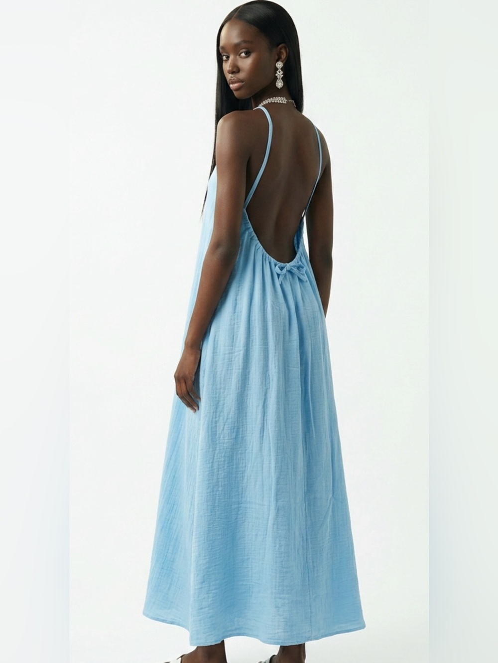 Sky Blue Backless Maxi Dress with Adjustable Tie